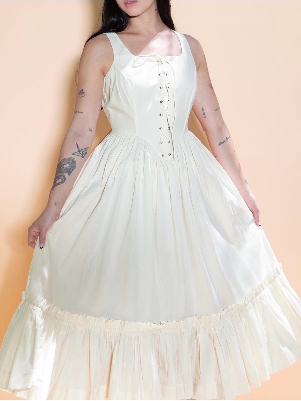 Samantha Pleet Antigone Lace-Up Tiered Midi Corset Dress in Cream. Size 18